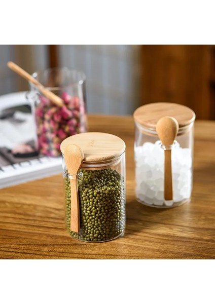 Borosilikat Cam Bambu Kapaklı ve Bambu Kaşıklı Baharat Seti 6 Adet 450ml