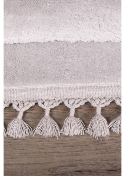 Relax Gri 60X100 + 50X60 cm 2'li Köşeli Ponpon Saçaklı Banyo Halısı Paspası Seti Kaymaz Yıkanabilir indirimleri