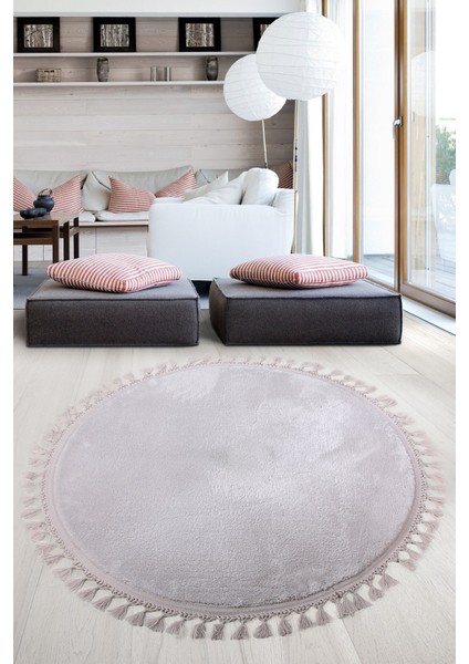 Relax Gri Yuvarlak 150X150 cm Ponpon Saçaklı Kaymaz Tabanlı Makinede Yıkanabilir Banyo Paspası