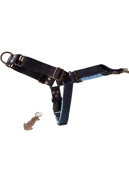 Köpek göğüs tasması-nubuk deri/kot-çift kontrollü-genişlik:2,5 cm-göğüs ölçüsü:45-70 cm/boyun ölçüsü:25-40 cm-ayarlamalı-dog harness