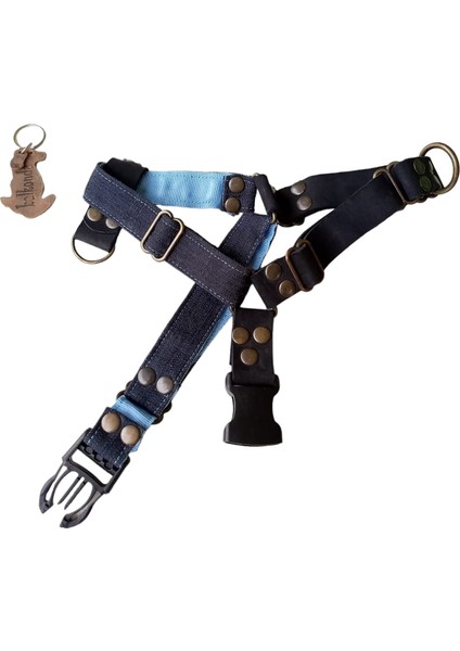 Köpek göğüs tasması-nubuk deri/kot-çift kontrollü-genişlik:2,5 cm-göğüs ölçüsü:45-70 cm/boyun ölçüsü:25-40 cm-ayarlamalı-dog harness