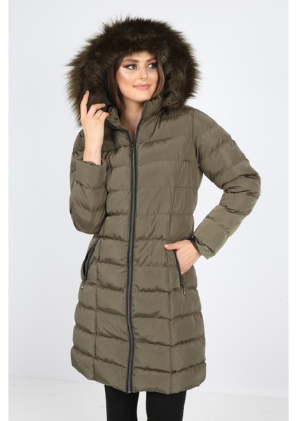 Kadın Haki Renk Şişme Mont Kaban Parke