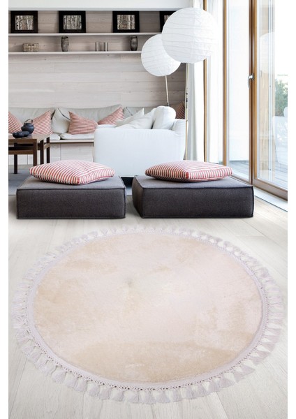 Relax Krem Yuvarlak 100X100 cm Ponpon Saçaklı Kaymaz Tabanlı Makinede Yıkanabilir Banyo Paspası
