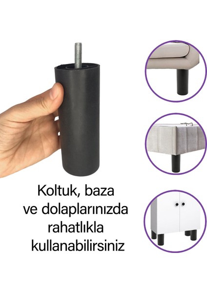 4 Adet Silindir Destek Ayağı 12 cm Siyah Sert Plastik Gizli Mobilya Kanepe Baza Koltuk Dolap Sehpa Tv Ünitesi Ayağı