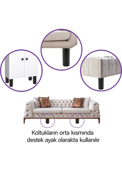 4 Adet Silindir Destek Ayağı 12 cm Siyah Sert Plastik Gizli Mobilya Kanepe Baza Koltuk Dolap Sehpa Tv Ünitesi Ayağı