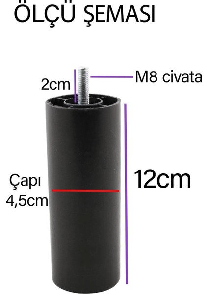 4 Adet Silindir Destek Ayağı 12 cm Siyah Sert Plastik Gizli Mobilya Kanepe Baza Koltuk Dolap Sehpa Tv Ünitesi Ayağı