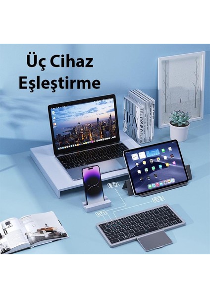 2in1 Telefon Tablet Laptop Bluetooth Kablosuz Klavye Touchpad ve Stand Şarjlı Bluetooth Klavye