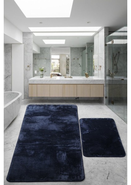 Relax Lacivert 80X150 + 50X80 cm Büyük Ebat 2'li Banyo Halısı Paspası Seti Kaymaz Klozet Takımı