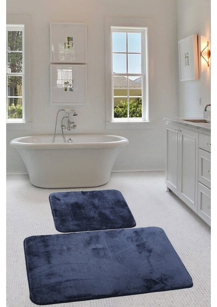 Relax Lacivert Köşeli 60X100 + 50X60 cm 2'li Pufidik Banyo Paspası Seti Kaymaz Klozet Takımı