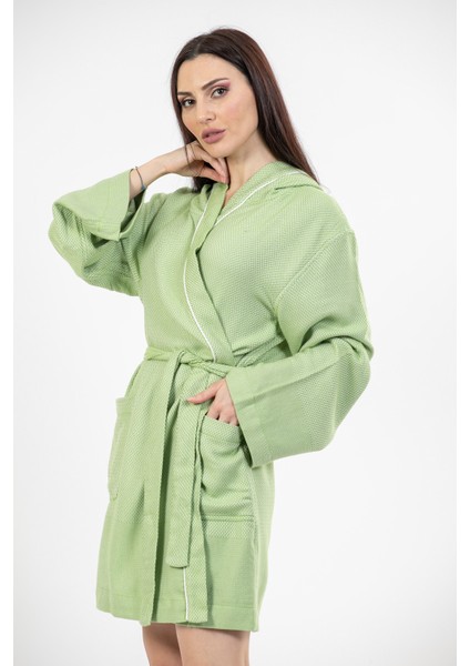 Tokyo Açık Yeşil Comfy Crisscross Kapşonlu Bambu Peştamal Kadın Bornoz/Sabahlık L - XL