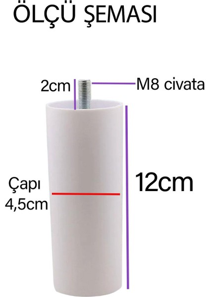 2 Adet Silindir Destek Ayağı 12 cm Beyaz Sert Plastik Gizli Mobilya Kanepe Baza Koltuk Dolap Sehpa Tv Ünitesi Ayağı