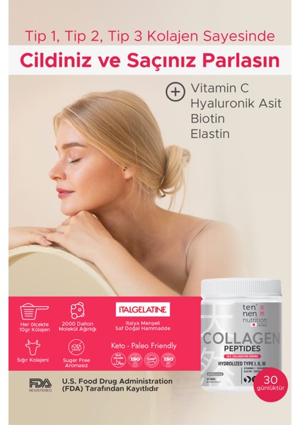 Tip 1, Tip 2, Tip 3 Collagen, Saf ve Doğal Hidrolize Kolajen, Hyaluronik Asit, Vitamin C, Biotin, Elastin, 306 gr, 30 Servis