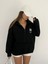 Siyah Unisex Dik Yaka Fermualı Oversize 3 Iplik Içi Şardonlu Sweatshirt 4