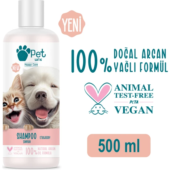 Pet Love Şampuan Çilek 500 ml 100% Doğal Argan Yağlı