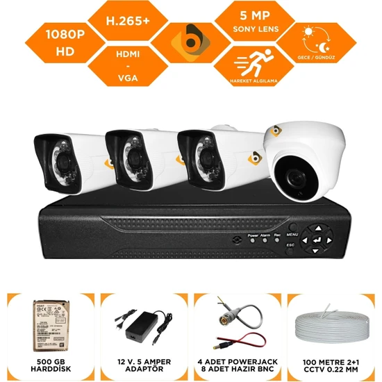 Bycam 4 Kameralı Gece Görüşlü Full Hd 1080P Kamera Seti 500 GB Harddisk -3K1D
