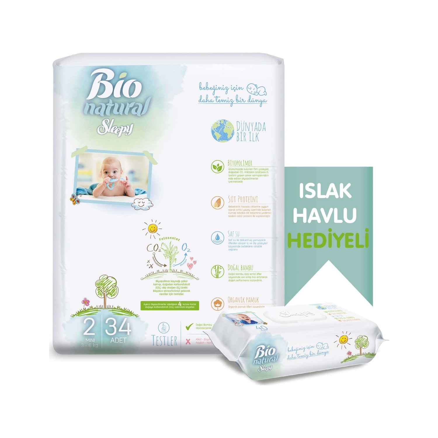 Sleepy Bio Natural Bebek Bezi 2 Numara Mini 34 Adet + Bio