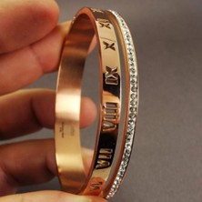 Htc Gümüş Sepeti Roma Rakamlı Zirkon Taşlı Kadın Çelik Bileklik Kelepçe