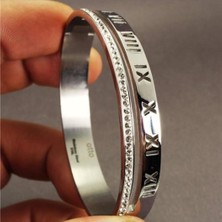 Htc Gümüş Sepeti Roma Rakamlı Zirkon Taşlı Kadın Çelik Bileklik Kelepçe