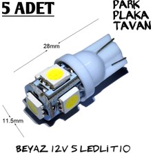 Gürler 5 Adet T10 LED 12V Beyaz Park LED Plaka LED Tavan LED Ampül 5 Ledli