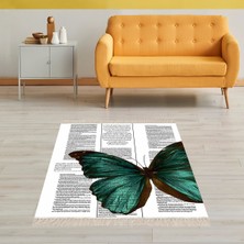 Bona Fortuna Kelebek Desenli Dijital Baskı Yıkanabilir Kaymaz Taban Vintage Salon Halı ve Yolluk