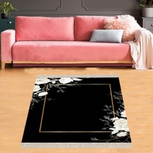 Bona Fortuna Çiçek Desenli Çerçeveli Yıkanabilir Kaymaz Taban Leke Tutmaz Düz Salon Halı ve Yolluk