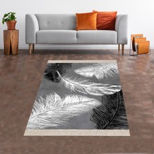 Bona Fortuna Siyah Beyaz Kuş Tüyü Desenli Dijital Baskılı Kaymaz Taban Yıkanabilir Modern Salon Halısı ve Yolluk