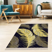 Bona Fortuna Kuş Tüyü Desenli Gold Geometrik Dijital Baskı Yıkanabilir Modern Salon Halı ve Yolluk