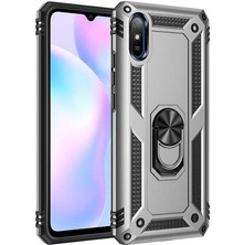 Case Street Xiaomi Redmi 9A Kılıf Tank Koruma Vega Standlı Yüzüklü Mıknatıslı+Nano Glass Gümüş
