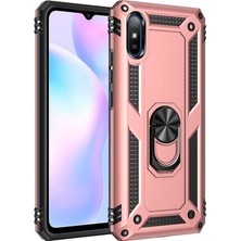 Case Street Xiaomi Redmi 9A Kılıf Tank Koruma Vega Standlı Yüzüklü Mıknatıslı+Nano Glass+Kalem Bronz