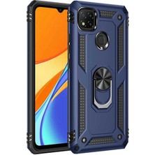 Gpack Xiaomi Redmi 9c Kılıf Tank Koruma Vega Standlı Yüzüklü Mıknatıslı+Nano Glass+Kalem Lacivert