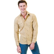 Exve Exclusive Krem Üzeri Zebra Baskılı Doğal Keten Cepli Western Gömlek