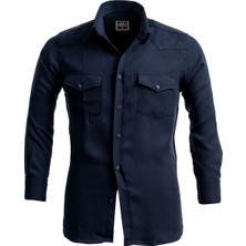 Exve Exclusive Lacivert Western Stil Cepli Keten Gömlek