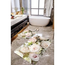 Mekta Home 2'li MKTBP-075 Beyaz Gül Desenli 60 x 100 cm - 50 x 60 cm Banyo Paspas Takımı