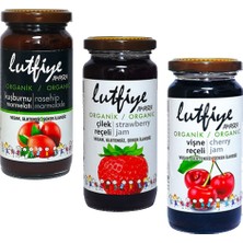 Lutfiye Organik Çilek Reçeli 280 Gr. + Lutfiye Organik Vişne Reçeli 280 Gr. + Lutfiye Organik Kuşburnu Marmelatı 280 gr