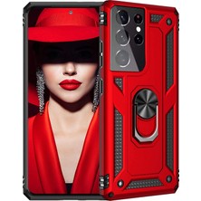 Gpack Samsung Galaxy S21 Ultra 5g Kılıf Tank Koruma Vega Standlı Yüzüklü Mıknatıslı Kırmızı