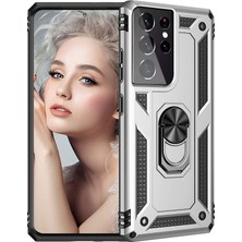 Casestreet Samsung Galaxy S21 Ultra 5g Kılıf Vega Standlı Yüzüklü Mıknatıslı+Full Ekran Koruyucu Gümüş