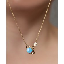 Papatya Silver 925 Ayar Gümüş Mavi Opal Taşlı Gezegen Kolye
