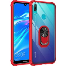 Case World Huawei Y7 Prime 2019 Kapak Şeffaf Yüzüklü Kenar Korumalı Standlı Kılıf Kırmızı