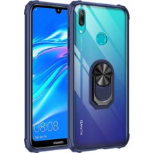 Case World Huawei Y7 Prime 2019 Kapak Şeffaf Yüzüklü Kenar Korumalı Standlı Kılıf Lacivert