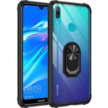 Case World Huawei Y7 Prime 2019 Kapak Şeffaf Yüzüklü Kenar Korumalı Standlı Kılıf Siyah