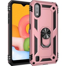 Case World Samsung Galaxy A01 Kapak Military Yüzüklü Stantlı Panzer Tank Kılıf Rose Gold