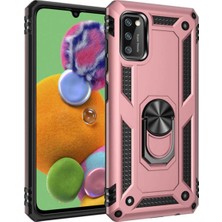 Case World Samsung Galaxy A41 Kapak Military Yüzüklü Stantlı Panzer Tank Kılıf Rose Gold