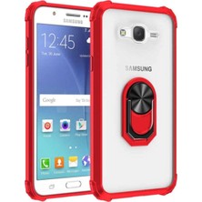 Case World Samsung Galaxy J7 Core Kapak Şeffaf Yüzüklü Kenar Korumalı Standlı Kılıf Kırmızı