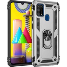 Case World Samsung Galaxy M31 Kapak Military Yüzüklü Stantlı Panzer Tank Kılıf Gri