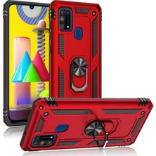 Case World Samsung Galaxy M31 Kapak Military Yüzüklü Stantlı Panzer Tank Kılıf Kırmızı