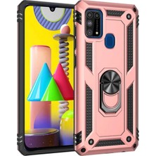 Case World Samsung Galaxy M31 Kapak Military Yüzüklü Stantlı Panzer Tank Kılıf Rose Gold