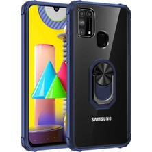 Case World Samsung Galaxy M31 Kapak Şeffaf Yüzüklü Kenar Korumalı Standlı Kılıf Lacivert