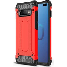Case World Samsung Galaxy S10 Plus Kapak Çift Katmanlı Zırh Tank Kılıf Kırmızı