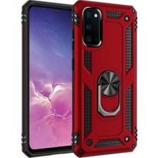 Case World Samsung Galaxy S20 Kapak Military Yüzüklü Stantlı Panzer Tank Kılıf Kırmızı