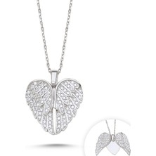 Gümüş Takı Dünyası Rodyum Kaplama Zirkon Taşlı Hareketli Kanat & Kalp Gümüş Kadın Kolye